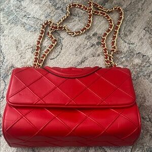 Tory Burch Red Quilted Shoulder Bag with Gold Chain
